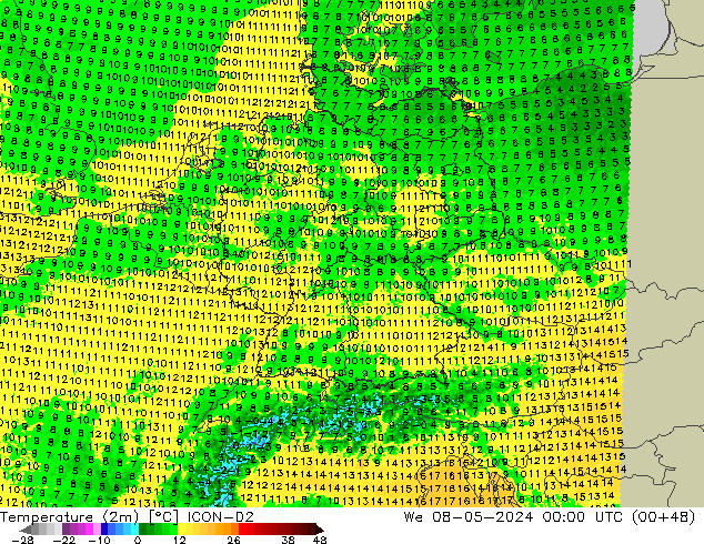 température (2m) ICON-D2 mer 08.05.2024 00 UTC