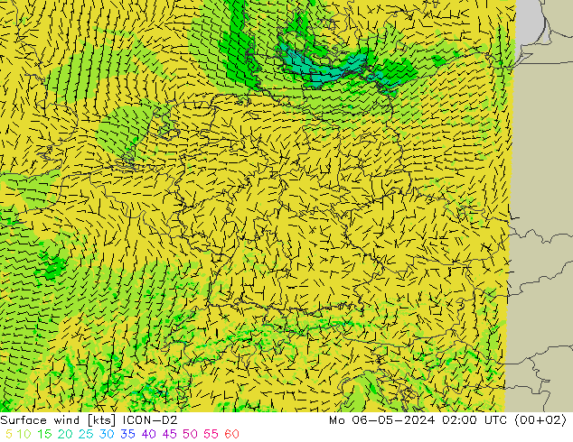 Viento 10 m ICON-D2 lun 06.05.2024 02 UTC