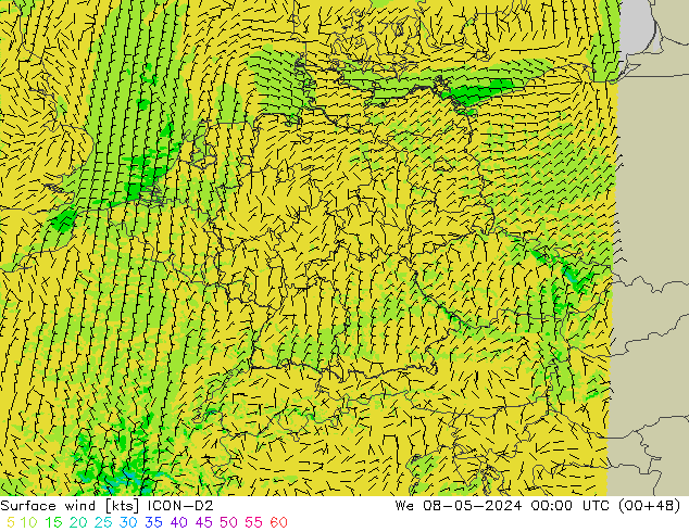 Surface wind ICON-D2 St 08.05.2024 00 UTC
