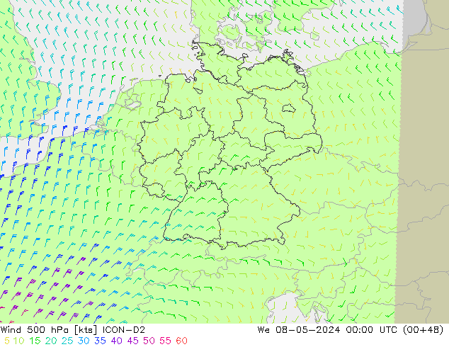 Vento 500 hPa ICON-D2 mer 08.05.2024 00 UTC