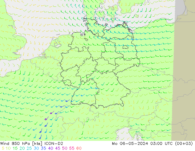 Viento 850 hPa ICON-D2 lun 06.05.2024 03 UTC