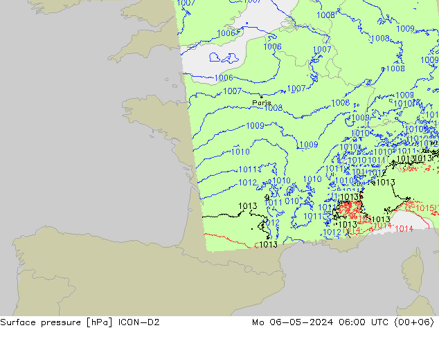 Pressione al suolo ICON-D2 lun 06.05.2024 06 UTC