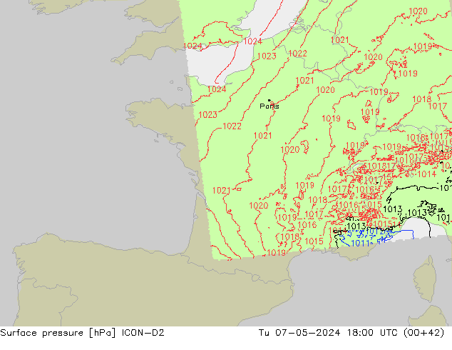 Surface pressure ICON-D2 Tu 07.05.2024 18 UTC