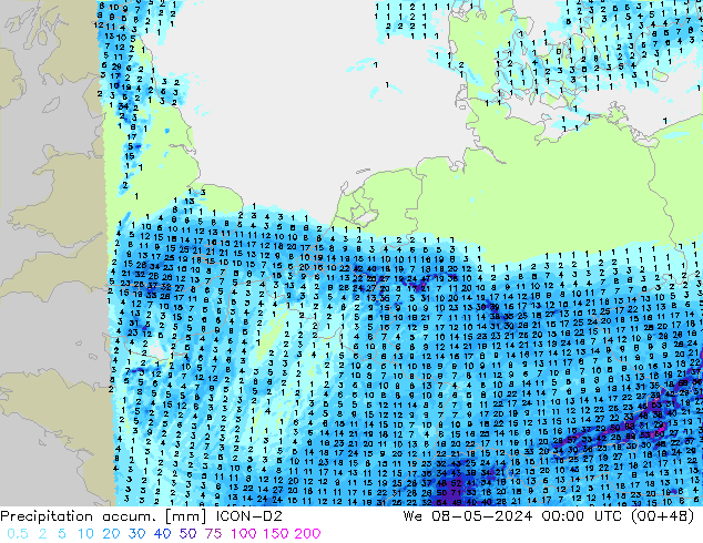 Precipitation accum. ICON-D2 We 08.05.2024 00 UTC