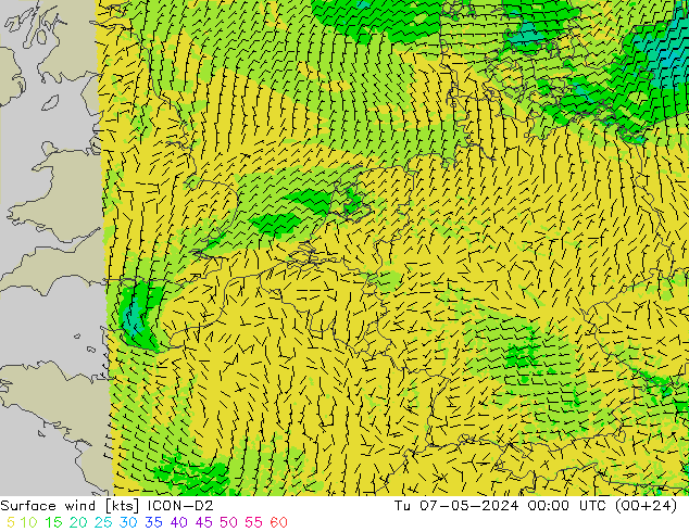 Surface wind ICON-D2 Tu 07.05.2024 00 UTC