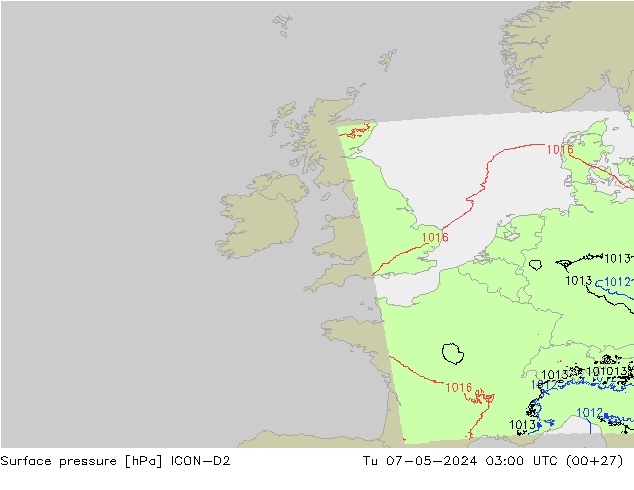 Surface pressure ICON-D2 Tu 07.05.2024 03 UTC