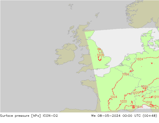 Surface pressure ICON-D2 We 08.05.2024 00 UTC