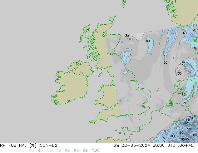 RH 700 hPa ICON-D2 śro. 08.05.2024 00 UTC