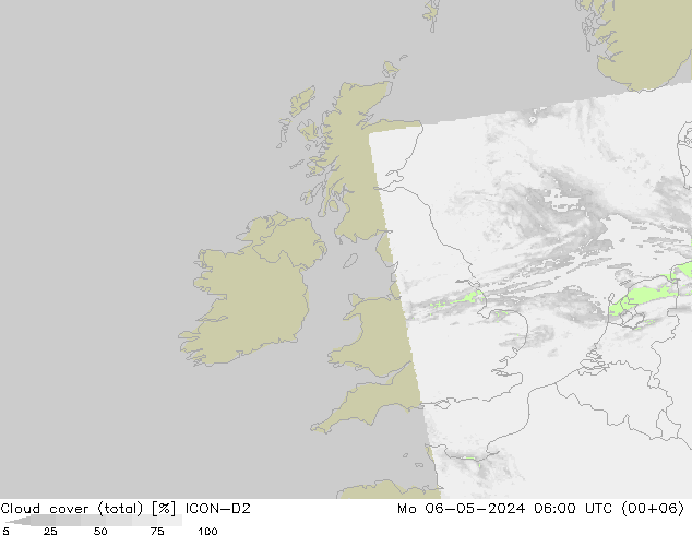 Cloud cover (total) ICON-D2 Mo 06.05.2024 06 UTC