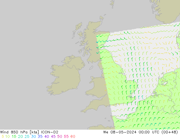 Vento 850 hPa ICON-D2 mer 08.05.2024 00 UTC