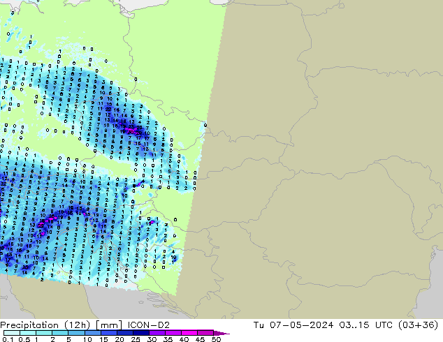 Yağış (12h) ICON-D2 Sa 07.05.2024 15 UTC