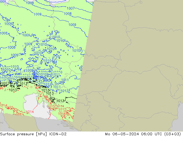 Presión superficial ICON-D2 lun 06.05.2024 06 UTC