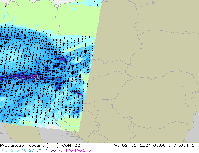 Precipitation accum. ICON-D2 We 08.05.2024 03 UTC