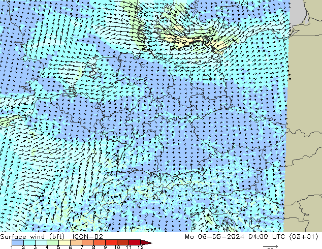 Surface wind (bft) ICON-D2 Mo 06.05.2024 04 UTC