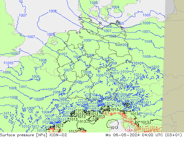 Atmosférický tlak ICON-D2 Po 06.05.2024 04 UTC
