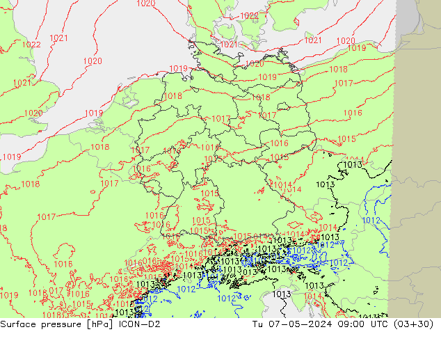 Atmosférický tlak ICON-D2 Út 07.05.2024 09 UTC