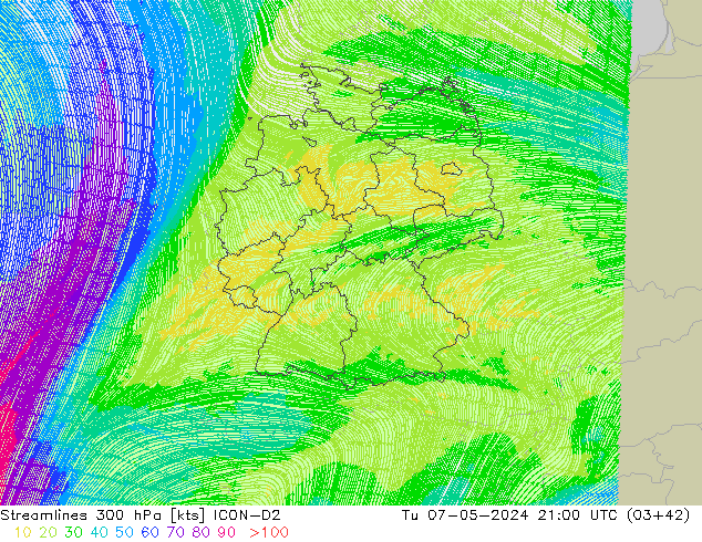 Linha de corrente 300 hPa ICON-D2 Ter 07.05.2024 21 UTC