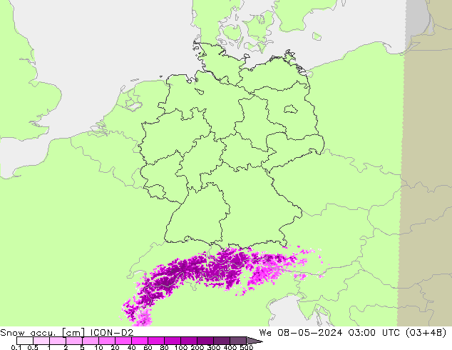 Snow accu. ICON-D2 We 08.05.2024 03 UTC