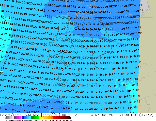 Hoogte/Temp. 500 hPa ICON-D2 di 07.05.2024 21 UTC