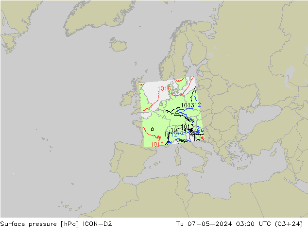 Surface pressure ICON-D2 Tu 07.05.2024 03 UTC