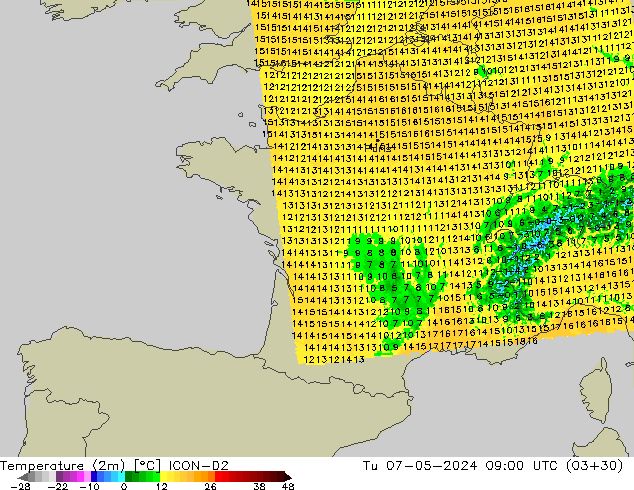 Temperatura (2m) ICON-D2 mar 07.05.2024 09 UTC