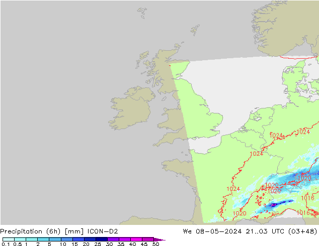 Precipitation (6h) ICON-D2 We 08.05.2024 03 UTC