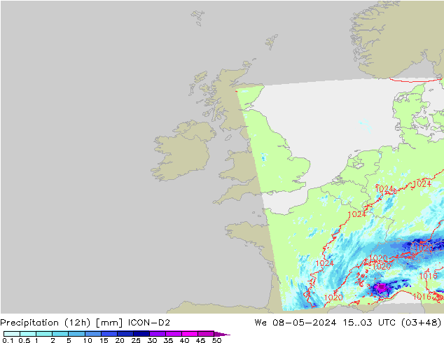 Precipitación (12h) ICON-D2 mié 08.05.2024 03 UTC