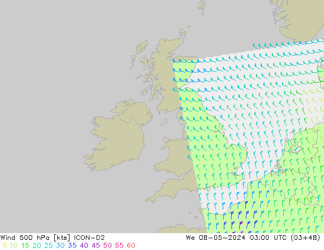 Vento 500 hPa ICON-D2 mer 08.05.2024 03 UTC