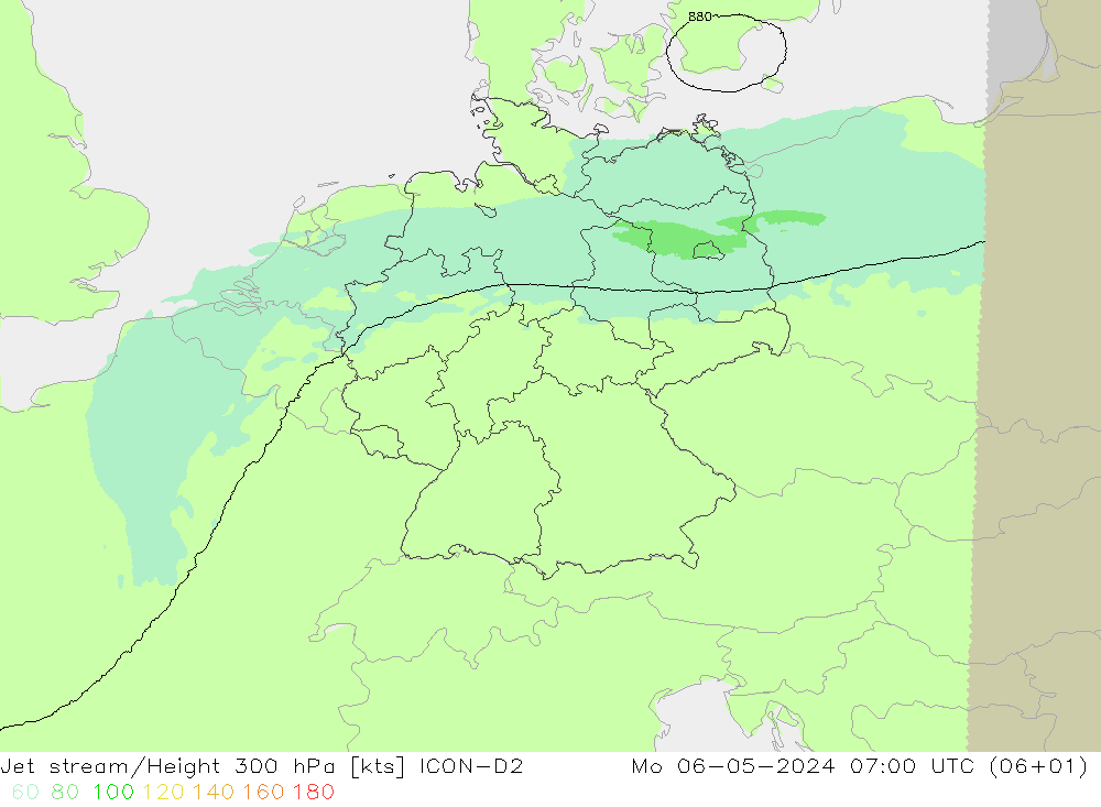 Corriente en chorro ICON-D2 lun 06.05.2024 07 UTC