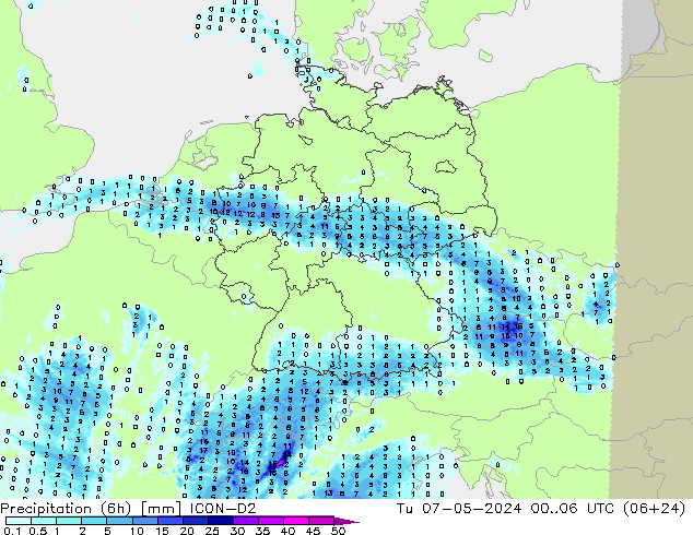 Precipitation (6h) ICON-D2 Tu 07.05.2024 06 UTC