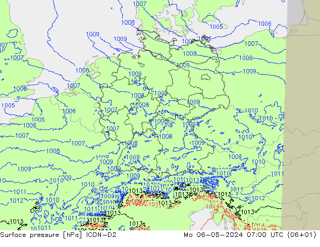 Presión superficial ICON-D2 lun 06.05.2024 07 UTC