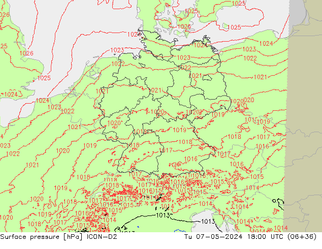 Pressione al suolo ICON-D2 mar 07.05.2024 18 UTC