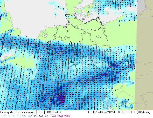 Precipitation accum. ICON-D2 Tu 07.05.2024 15 UTC