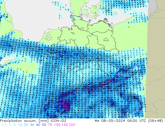 Precipitation accum. ICON-D2 śro. 08.05.2024 06 UTC