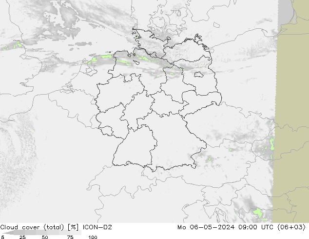 Nubes (total) ICON-D2 lun 06.05.2024 09 UTC