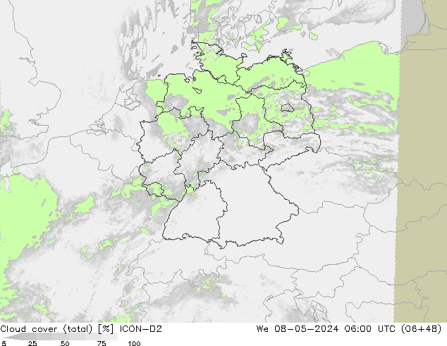 nuvens (total) ICON-D2 Qua 08.05.2024 06 UTC