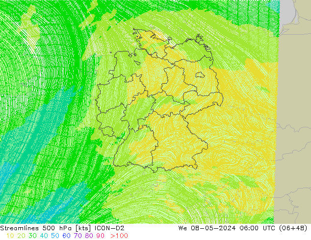 Linha de corrente 500 hPa ICON-D2 Qua 08.05.2024 06 UTC