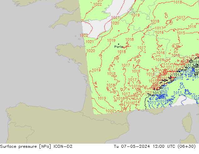 Bodendruck ICON-D2 Di 07.05.2024 12 UTC