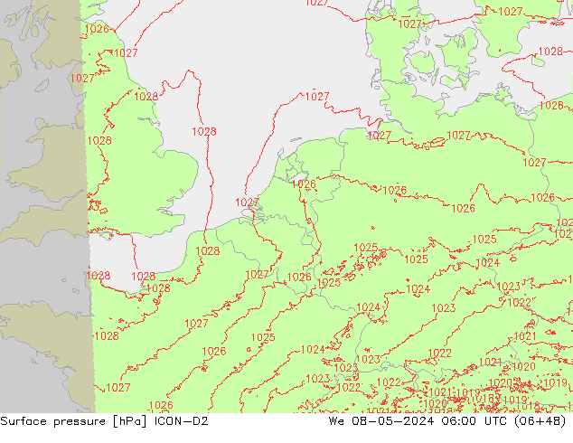 pressão do solo ICON-D2 Qua 08.05.2024 06 UTC