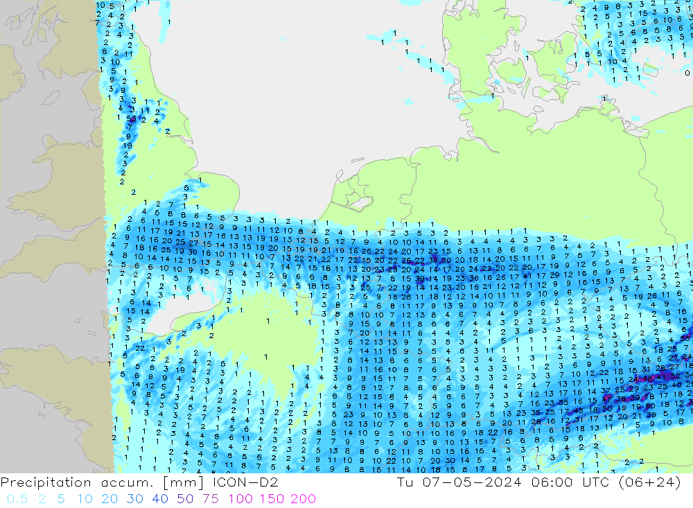 Precipitation accum. ICON-D2 Út 07.05.2024 06 UTC