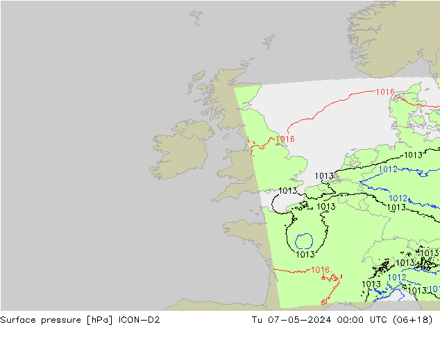 pressão do solo ICON-D2 Ter 07.05.2024 00 UTC