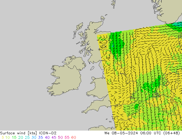 Vent 10 m ICON-D2 mer 08.05.2024 06 UTC