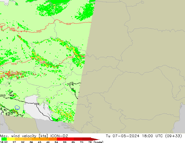 Max. wind velocity ICON-D2 Út 07.05.2024 18 UTC