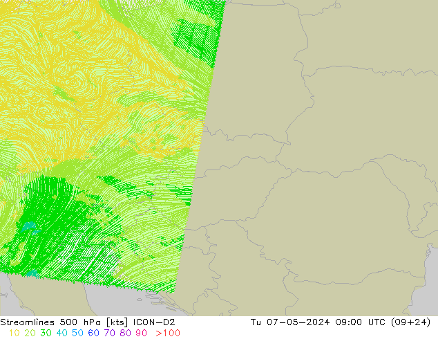 Streamlines 500 hPa ICON-D2 Út 07.05.2024 09 UTC