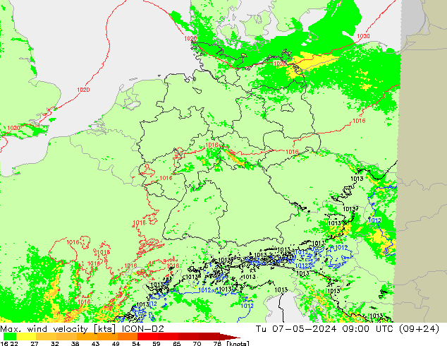 Max. wind velocity ICON-D2 Tu 07.05.2024 09 UTC