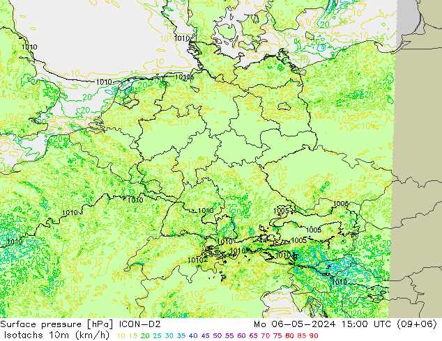 Isotachen (km/h) ICON-D2 Mo 06.05.2024 15 UTC