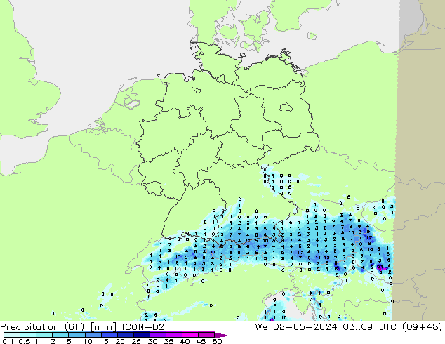 Precipitation (6h) ICON-D2 St 08.05.2024 09 UTC