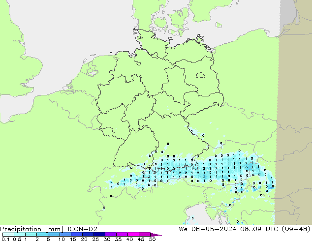 Niederschlag ICON-D2 Mi 08.05.2024 09 UTC