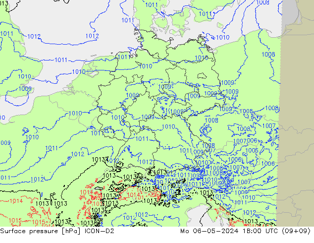 Presión superficial ICON-D2 lun 06.05.2024 18 UTC