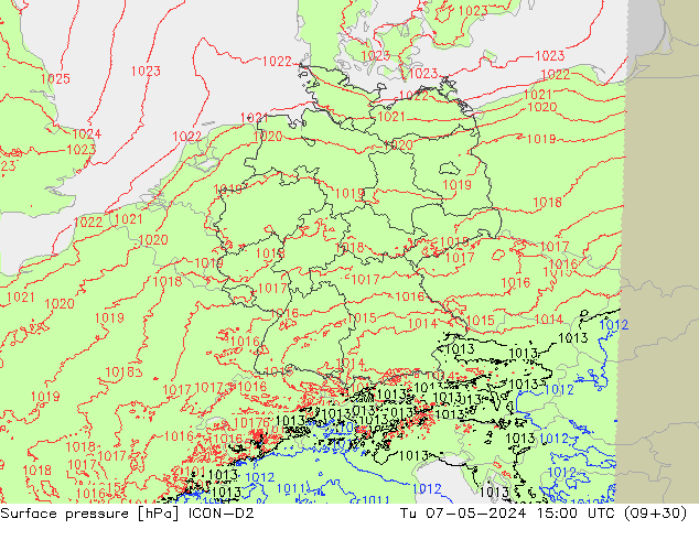 Luchtdruk (Grond) ICON-D2 di 07.05.2024 15 UTC